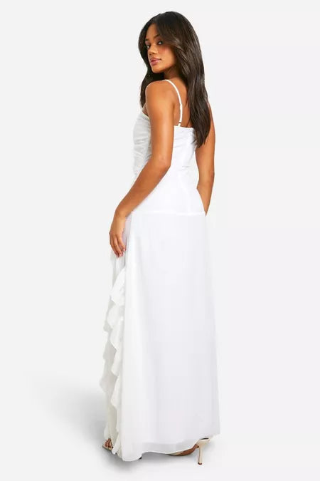 Chiffon ruched ruffle maxi in white