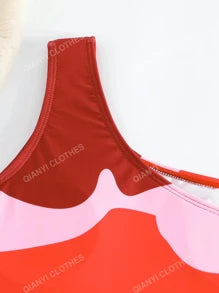 Colorblock one-piece swimsuit with chiffon cover-up in orange