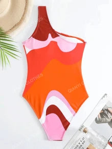 Colorblock one-piece swimsuit with chiffon cover-up in orange