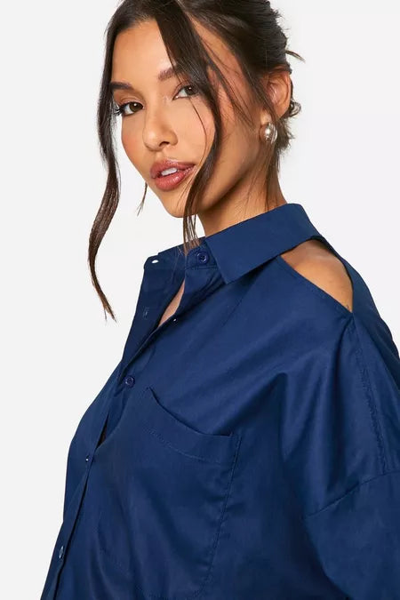 Cotton cut out shirt dress in blue