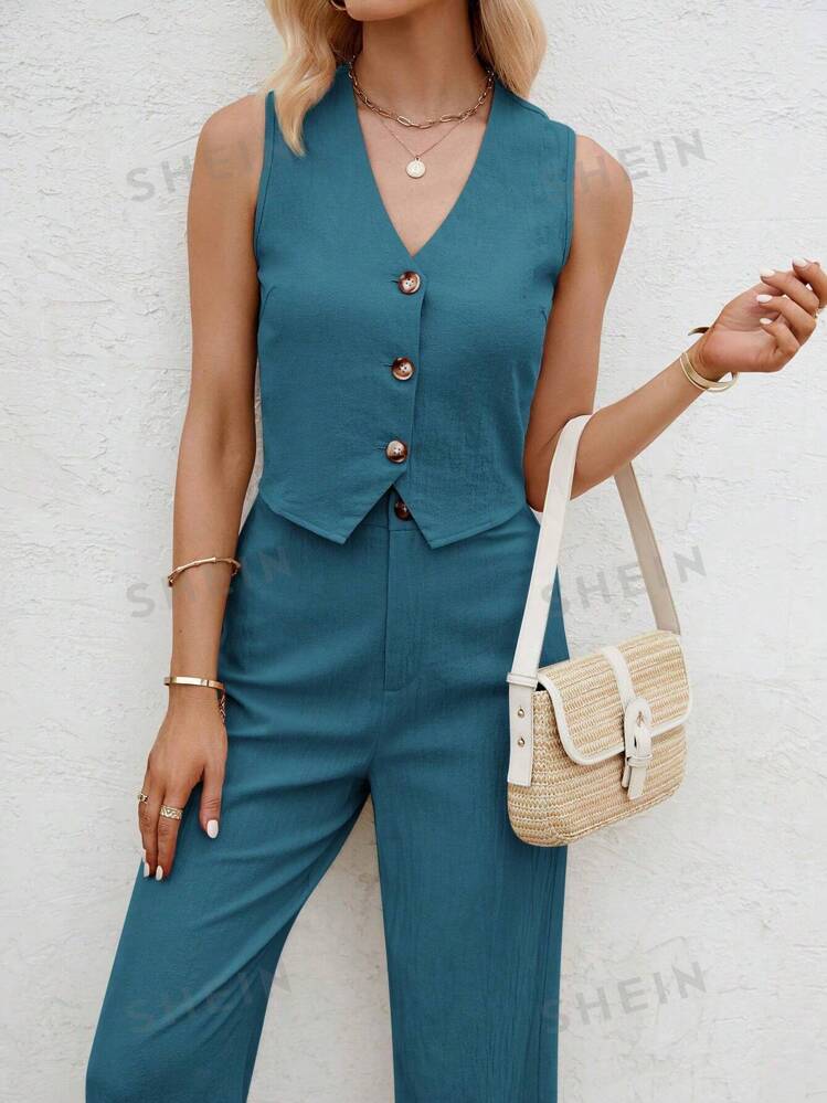 Cotton vest & long pant set in blue