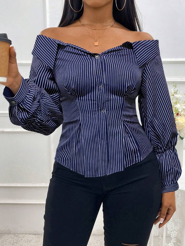 Denim look off shoulder long sleeve blouse in multi