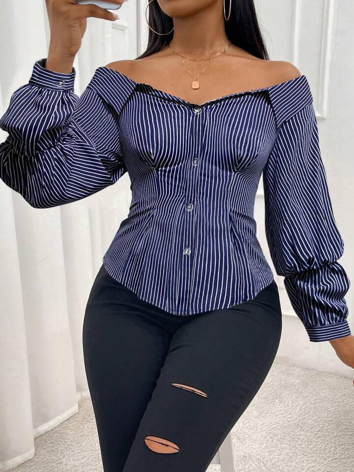 Denim look off shoulder long sleeve blouse in multi