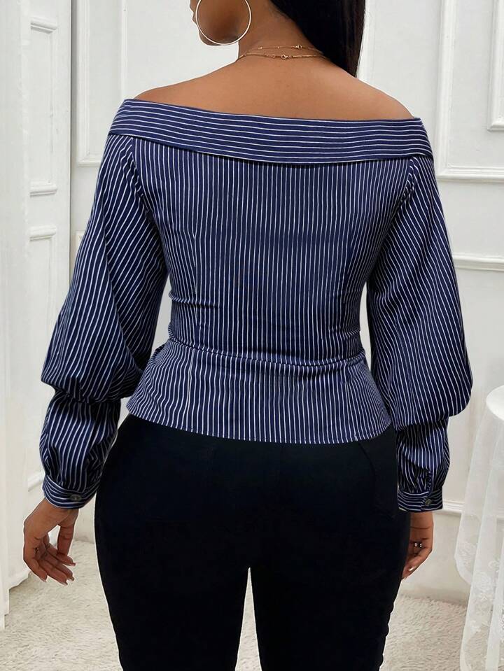 Denim look off shoulder long sleeve blouse in multi
