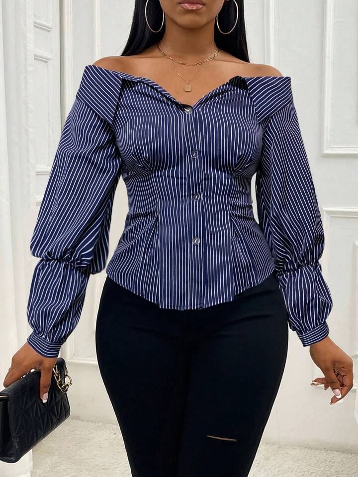 Denim look off shoulder long sleeve blouse in multi