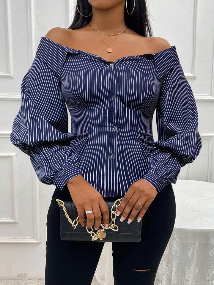 Denim look off shoulder long sleeve blouse in multi