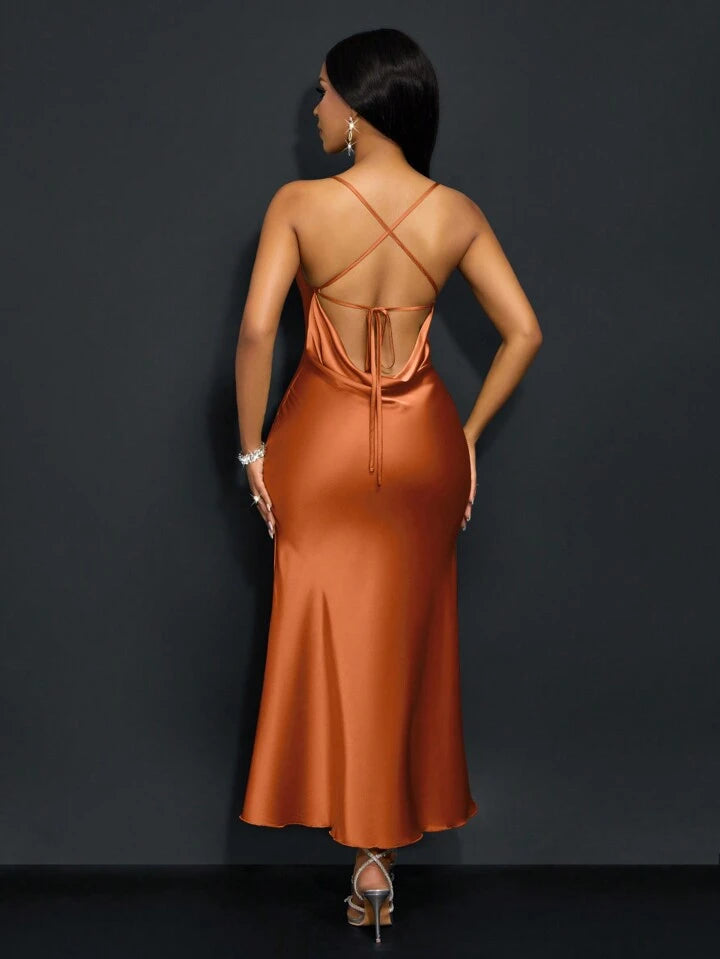 Draped neck cross open back fishtail dress in brown