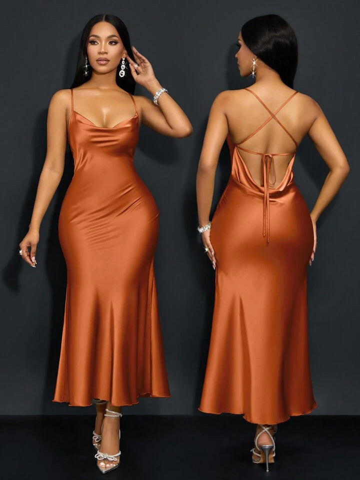 Draped neck cross open back fishtail dress in brown