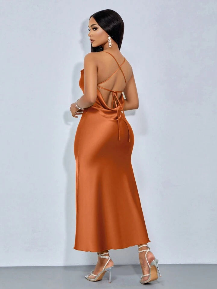 Draped neck cross open back fishtail dress in brown