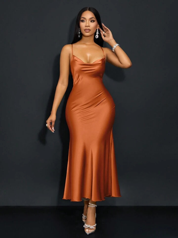 Draped neck cross open back fishtail dress in brown
