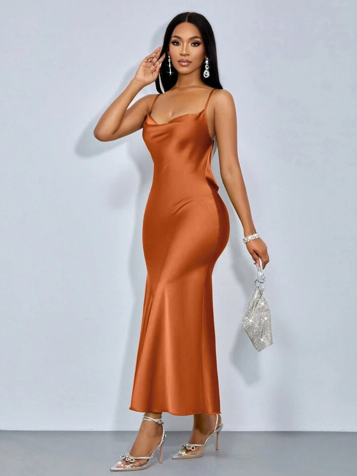 Draped neck cross open back fishtail dress in brown