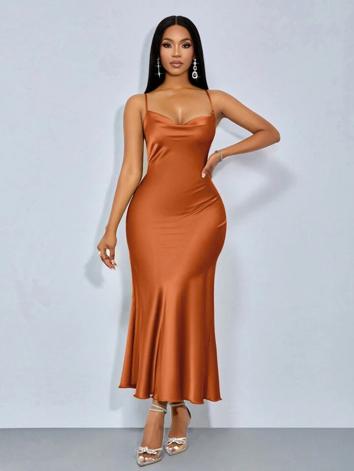 Draped neck cross open back fishtail dress in brown