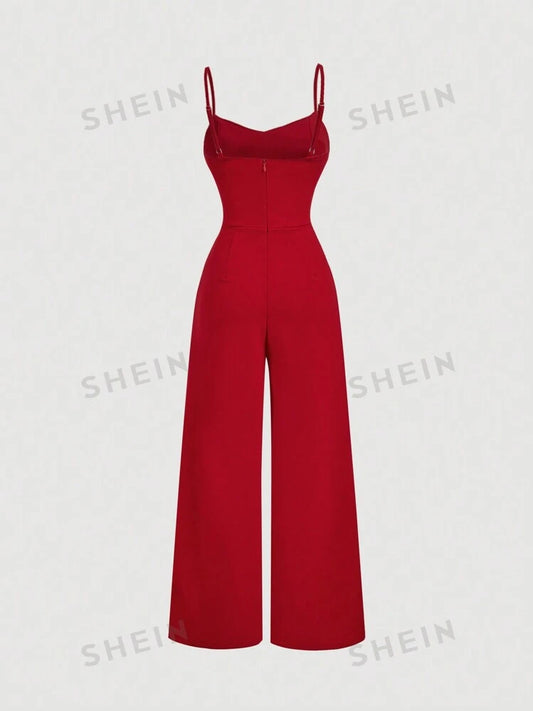 Draped neck retro lace hollow out jumpsuit in red