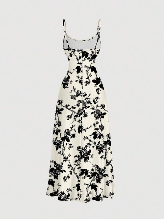Ruched waist flared hem strap dress in multi