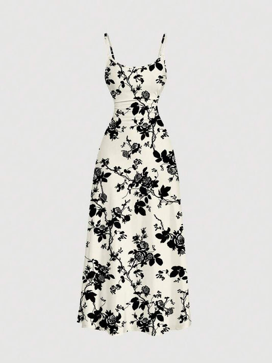 Ruched waist flared hem strap dress in multi