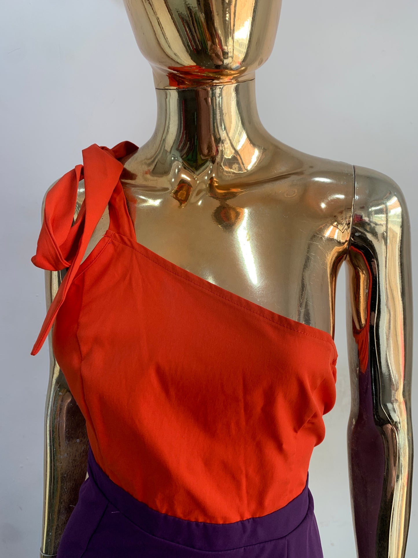 Colorblock one shoulder tie detail front slit dress in multi