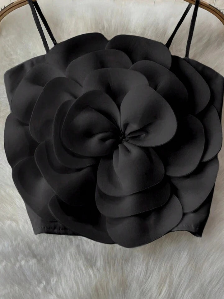 Floral decor spaghetti strap top in black