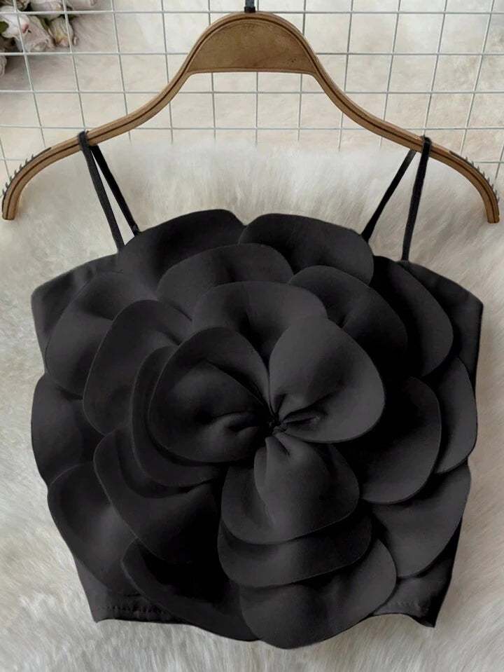 Floral decor spaghetti strap top in black