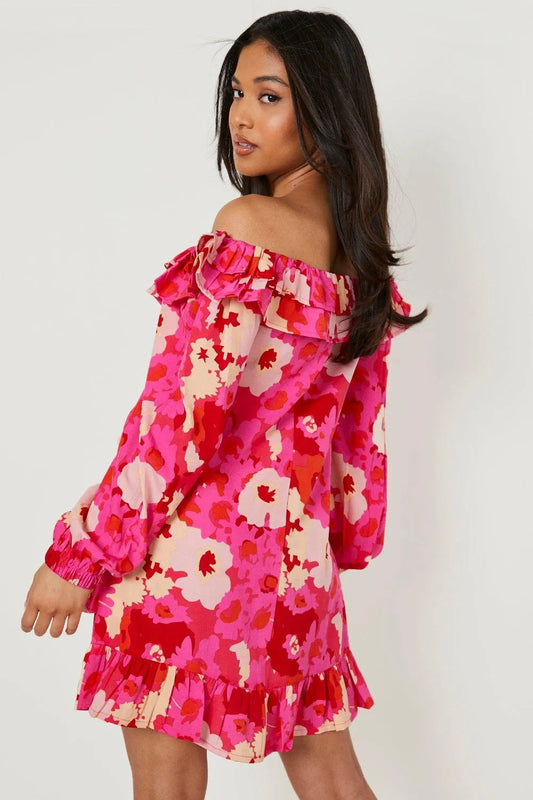 Floral off shoulder mini dress in red