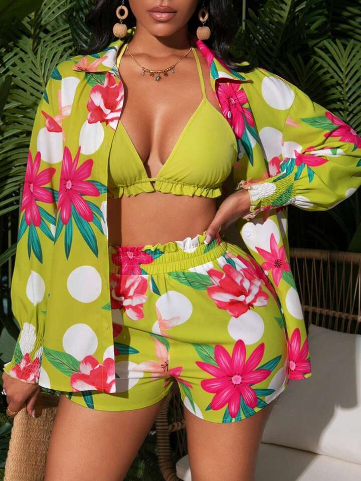 Floral printed long sleeve top & short set in multi