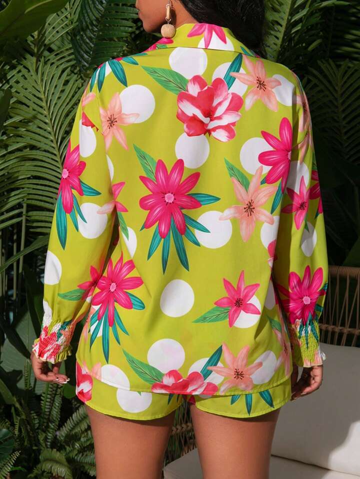 Floral printed long sleeve top & short set in multi