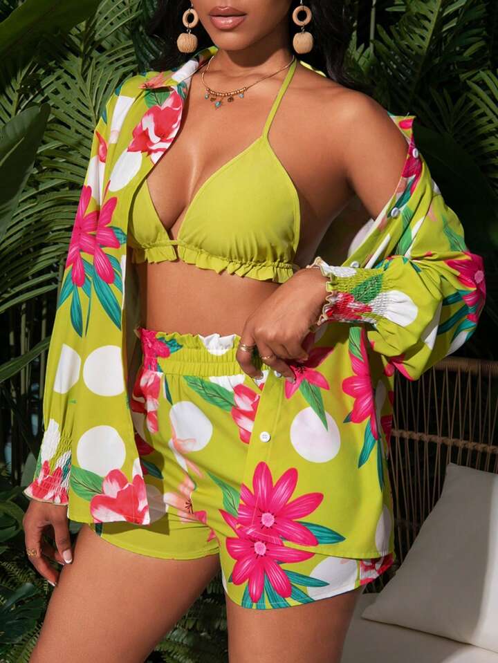 Floral printed long sleeve top & short set in multi