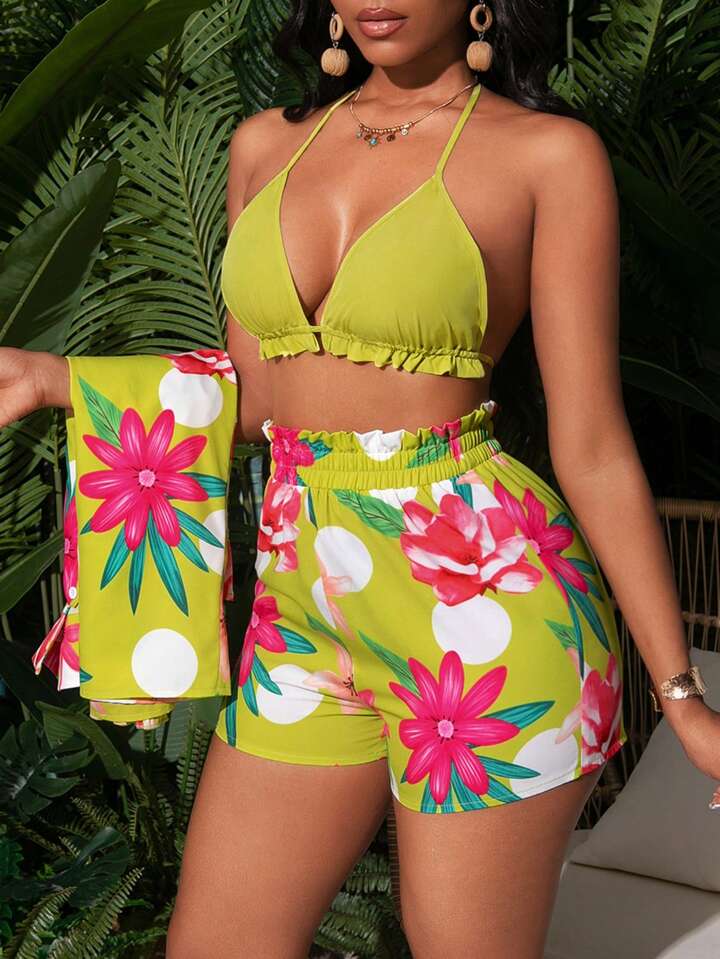 Floral printed long sleeve top & short set in multi