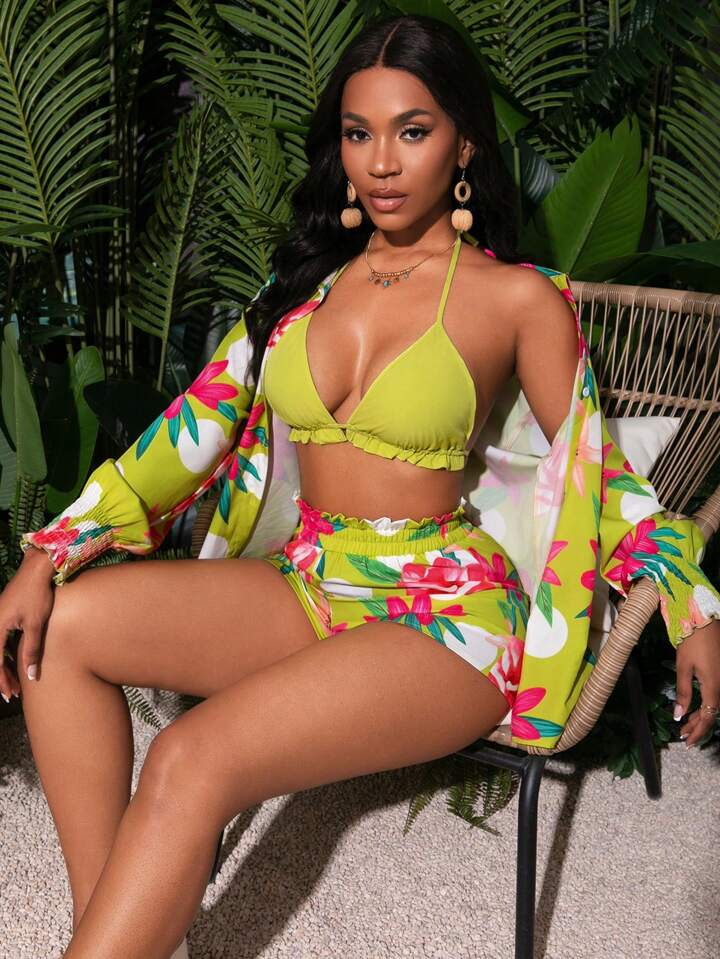 Floral printed long sleeve top & short set in multi