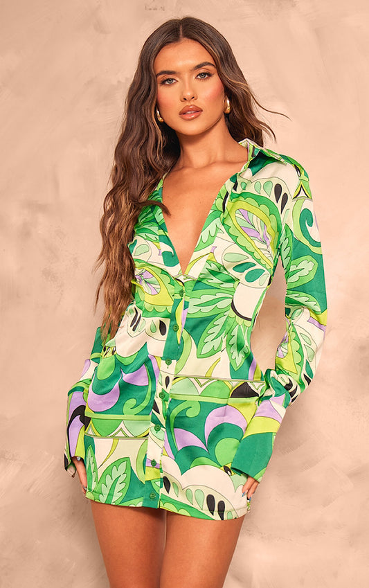 Floral printed shirt dress in green