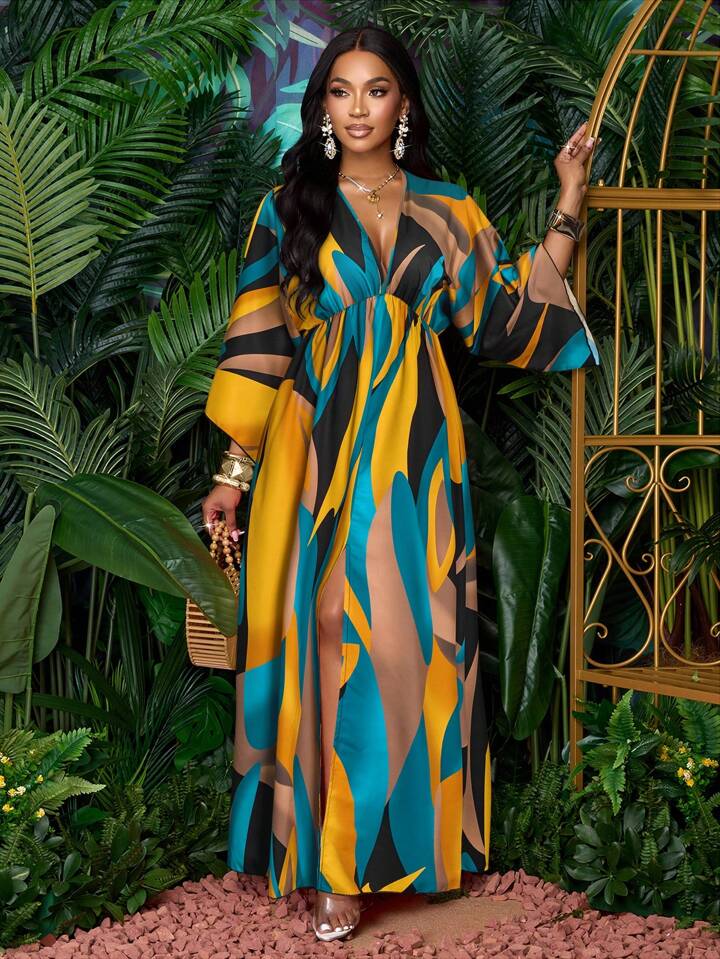 Floral printed v-neck long ruffle sleeve split thigh maxi in green