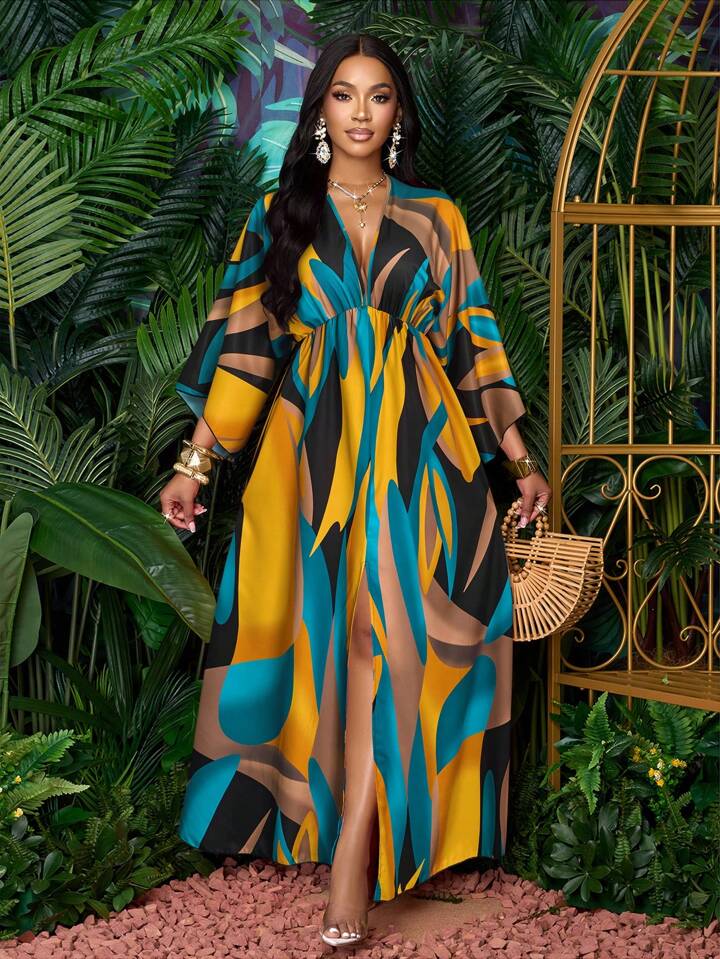 Floral printed v-neck long ruffle sleeve split thigh maxi in green