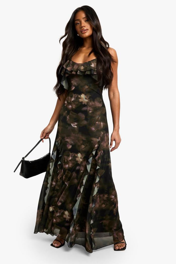 Floral ruffle printed mesh in green