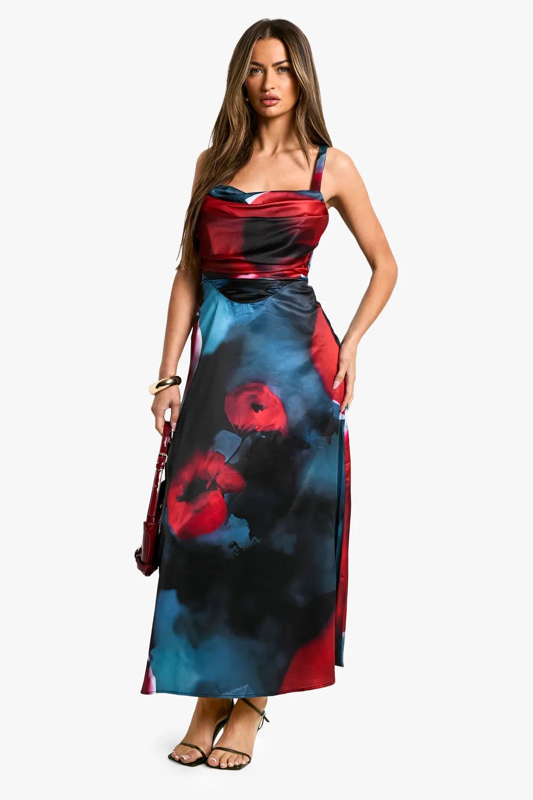 Floral satin corset midaxi dress in black
