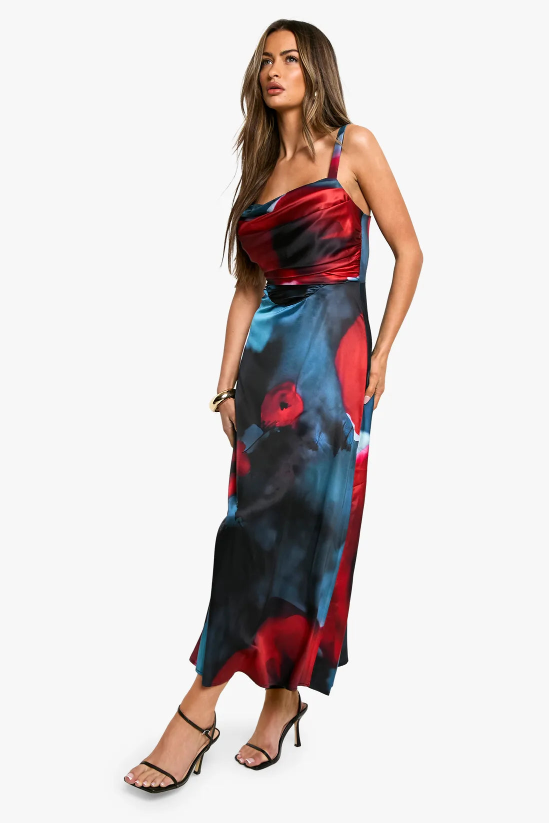 Floral satin corset midaxi dress in black