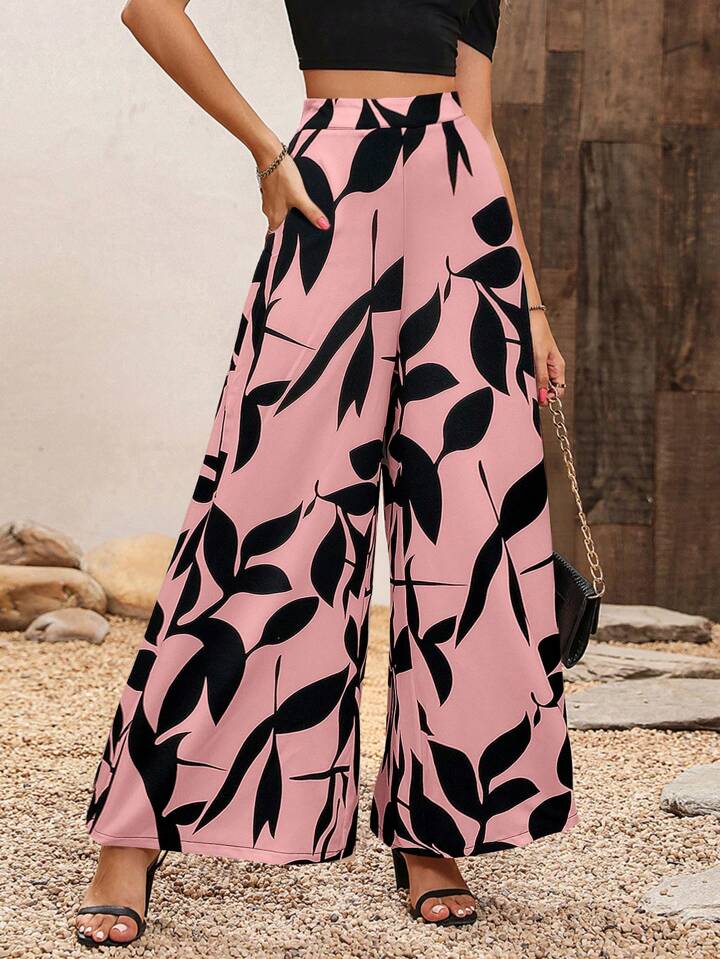 Geometric print high waist loose pants in pink