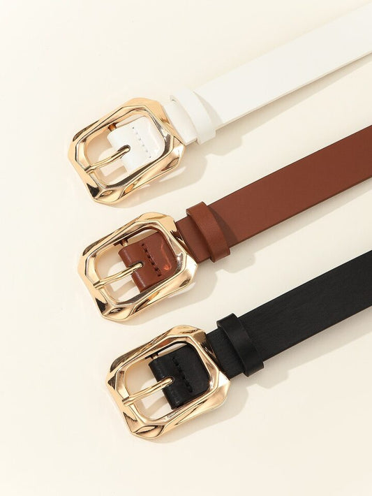 Gold square buckle leather belt in white