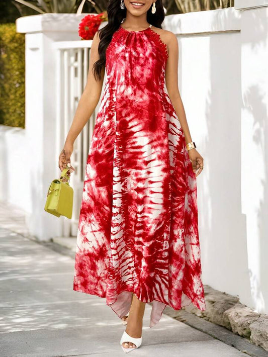 Gradient lace splicing long dress in red