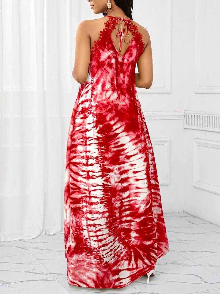 Gradient lace splicing long dress in red