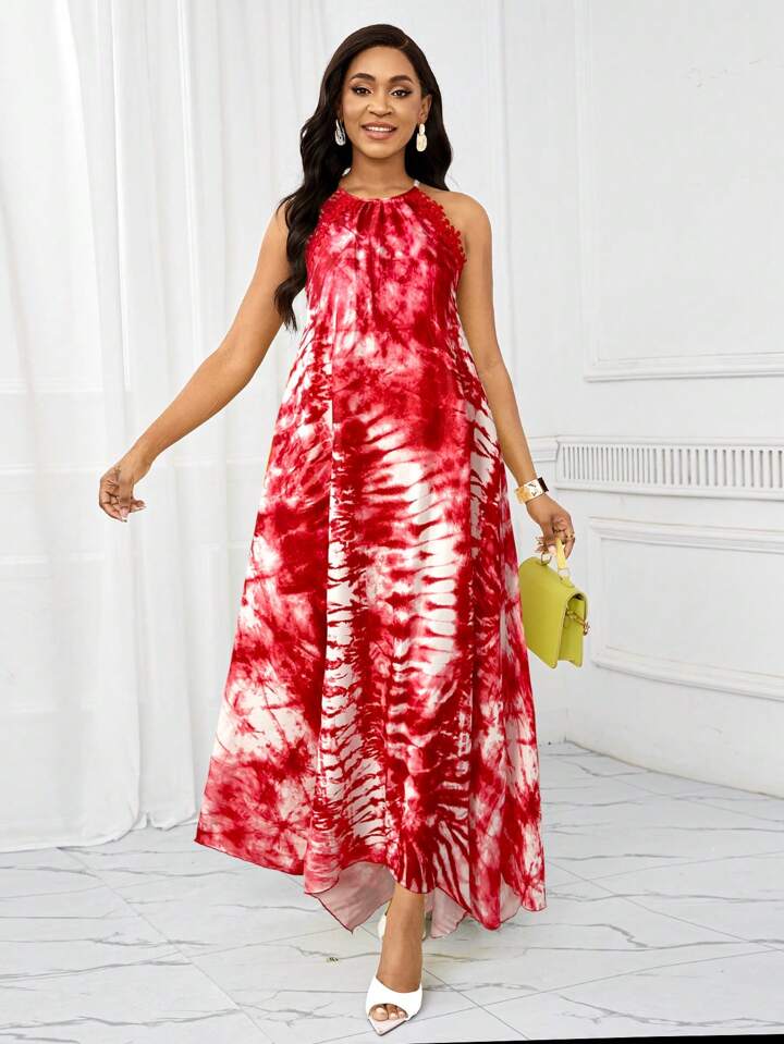 Gradient lace splicing long dress in red