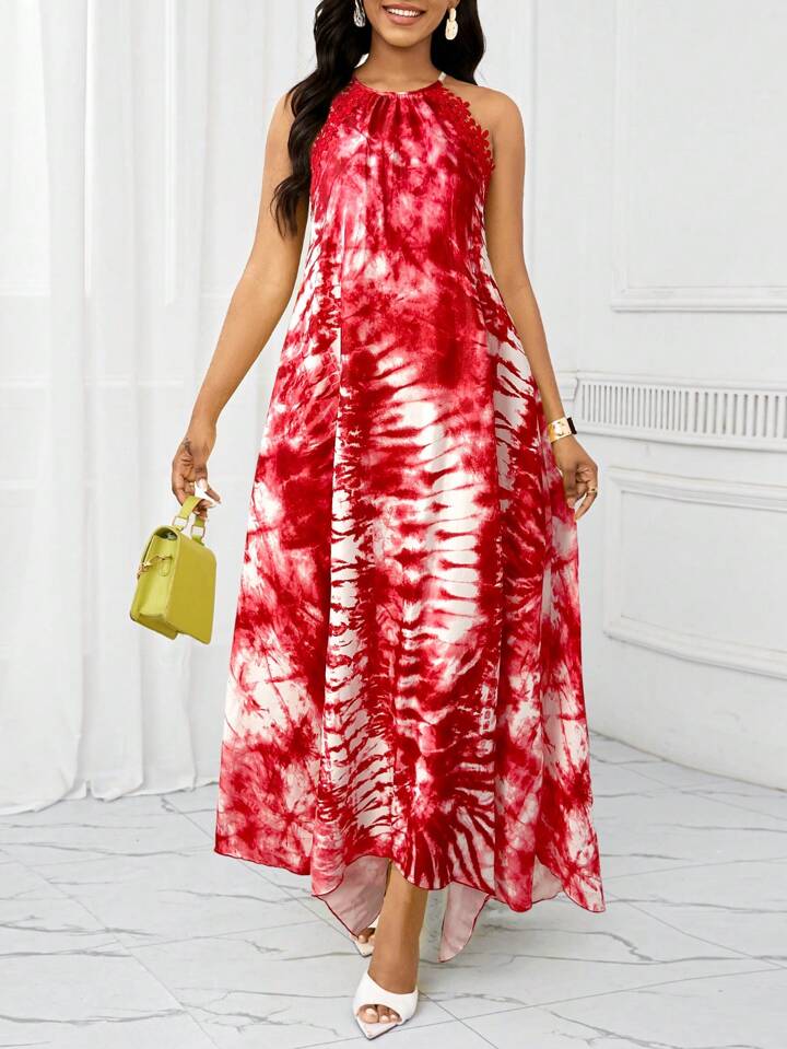 Gradient lace splicing long dress in red