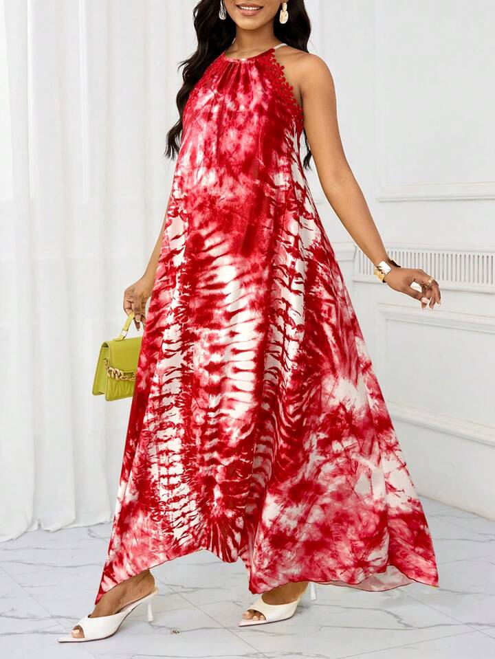 Gradient lace splicing long dress in red