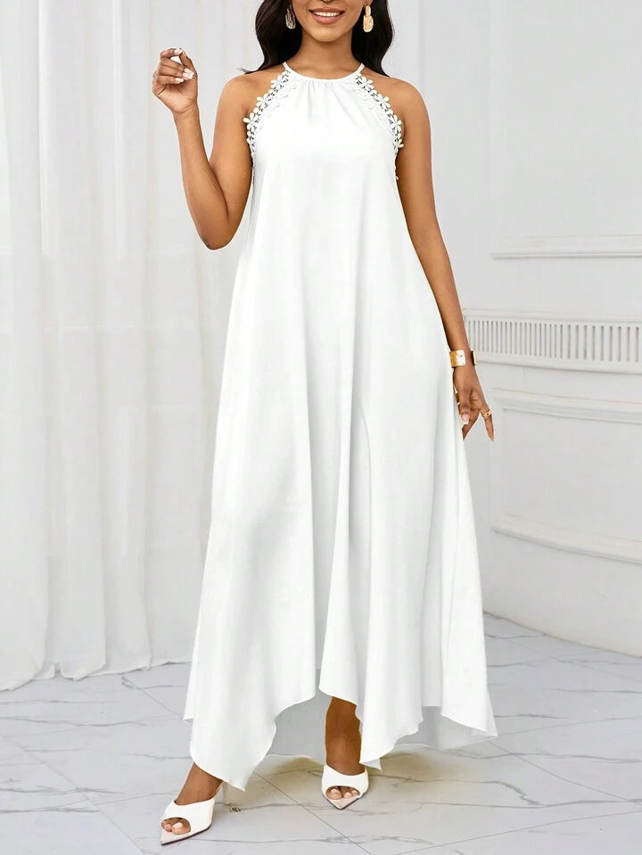 Gradient lace splicing long dress in white