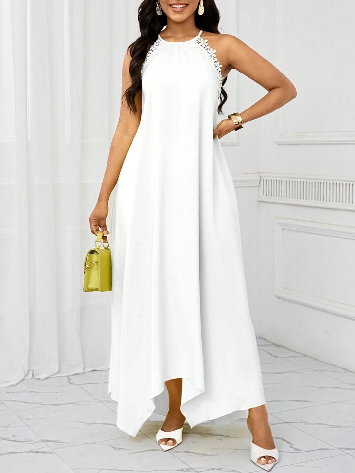 Gradient lace splicing long dress in white