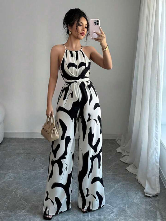 Halterneck ruched jumpsuit in multi