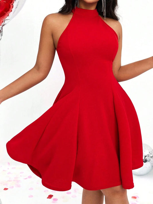 Halter neck sleeveless dress in red