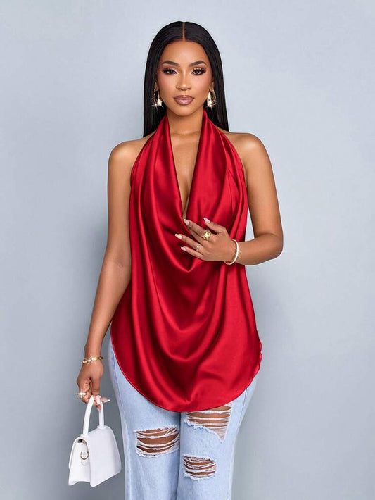 Halter straps tie back blouse in red