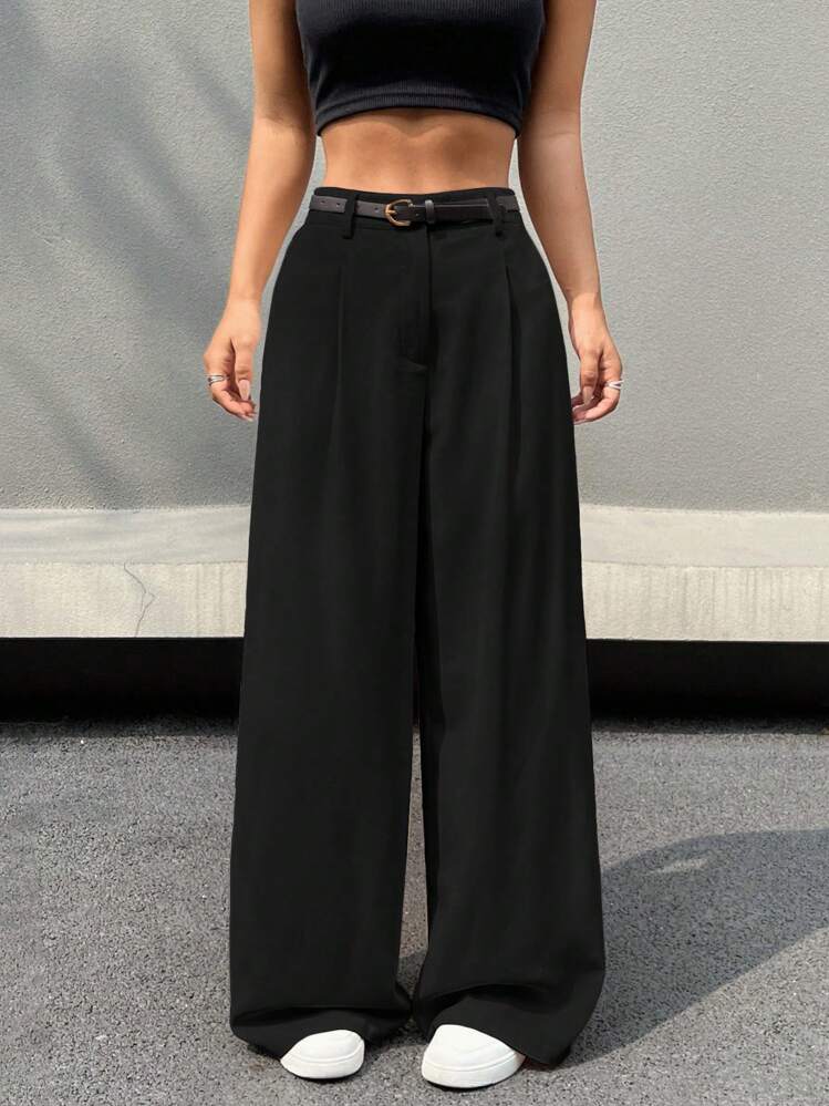 High waisted belted wide leg pants in black