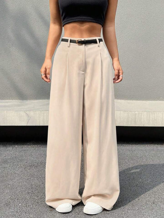High waisted belted wide leg pants in nude