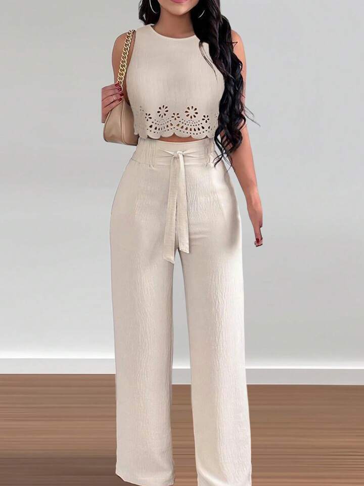 Hollow cut out tied crop top & straight leg pant set in nude