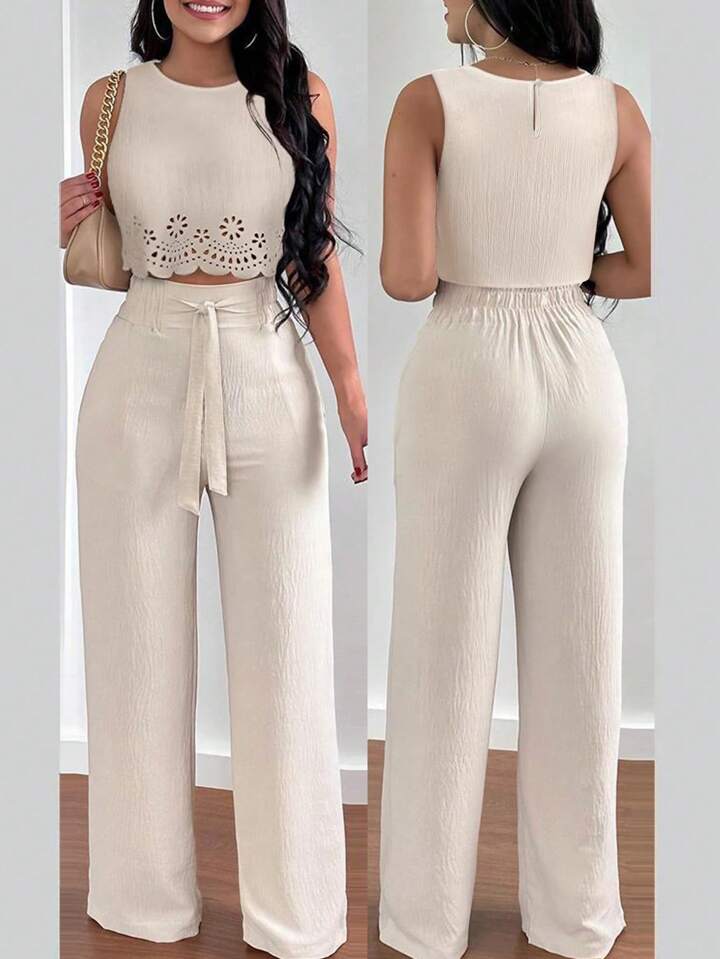 Hollow cut out tied crop top & straight leg pant set in nude